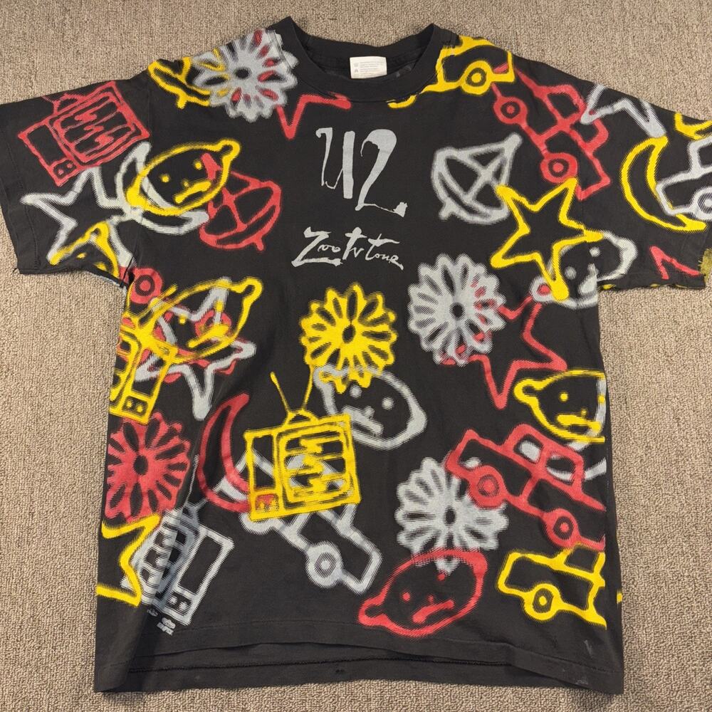 1992 U2 Zoo TV AOP Tour T-shirt Men’s Single Stitch AOP Black Graffiti XL